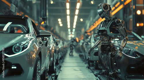 Wallpaper Mural Futuristic automotive factory floor with robotic arms in action, showcasing various car production stages, Created with Generative AI. Torontodigital.ca