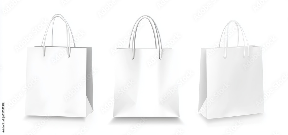 Modern 3d realistic icon set. White paper bag with two side views, isolated on white.