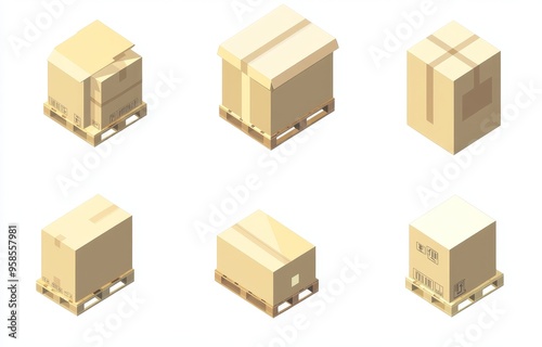 An isometric and cardboard package pile of isometric open and closed parcels and a 3D cartoon illustration isolated on white. This image shows a pallet set of single paper products delivered on