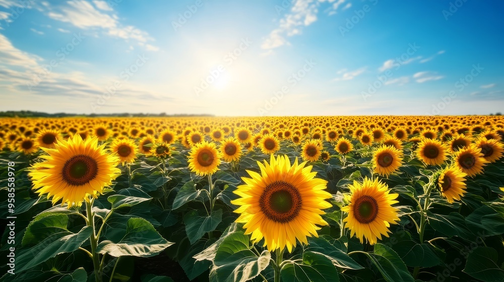 Fototapeta premium Aerial shot of a sprawling sunflower field with intricate geometric patterns formed by rows of sunflowers, set against a bright azure sky, Digital Art, High resolution, Sharp detailas