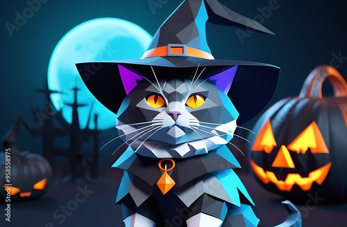 Cute cat with an amulet around his neck, angry pumpkins, moon in the background,Polygonal Style Cat Cat In Hat On Halloween Night Glowing Eyes Small Cute Animal