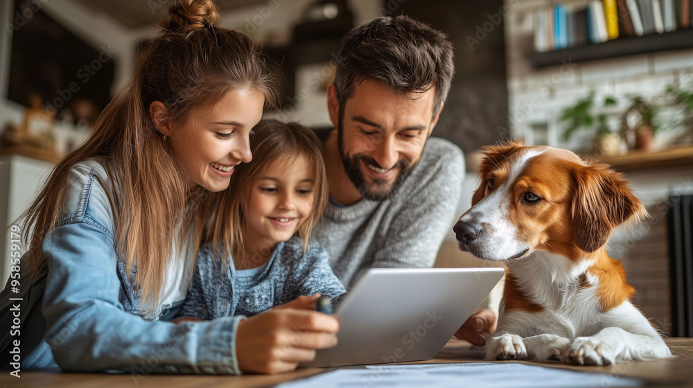 Fototapeta premium Happy family moment with golden retriever using tablet in a cozy living room