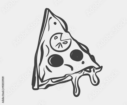 A detailed black and white drawing depicting a pizza, showcasing several slices that have been taken out and removed from it