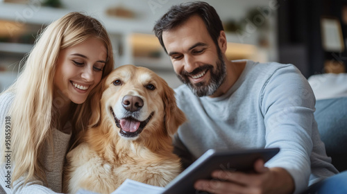 Happy family moment with golden retriever using tablet in a cozy living room