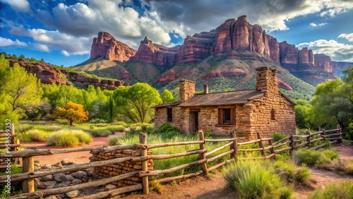 Ancient stone ruins of a historic ranch house surrounded by lush greenery and rustic fencing, nestled among red photo