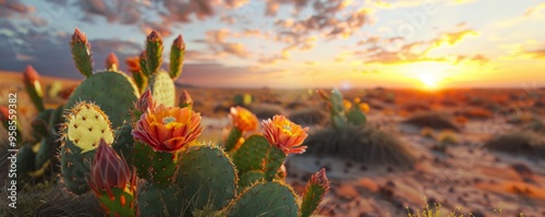 Prickly pear cactus in desert sunset, 4K hyperrealistic photo
