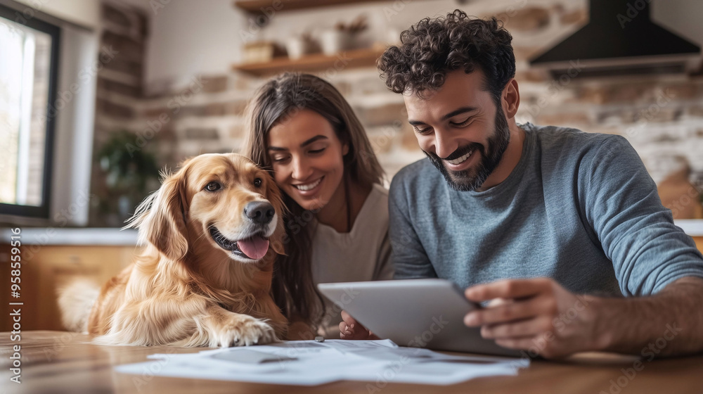 Happy family moment with golden retriever using tablet in a cozy living room Happy family moment with golden retriever using tablet in a cozy living room