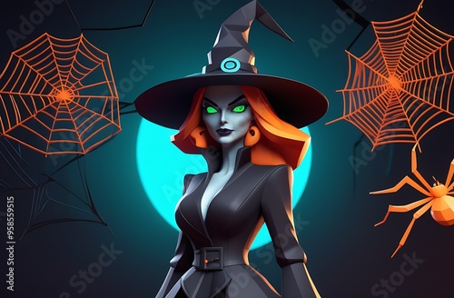 Evil spiders on the web,Halloween witch in polygonal style, evil witch in black clothes.
