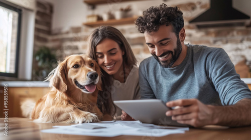 Happy family moment with golden retriever using tablet in a cozy living room