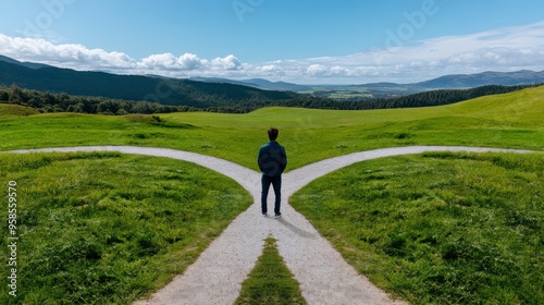 A person stands at a crossroads in a green landscape, contemplating their journey and choices amidst nature's beauty.