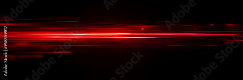 Red speed light horizontal straight line on black background. Realistic vector illustration of abstract neon or laser glow motion effect. Long dynamic flare beam and ray with sparkle in movement.