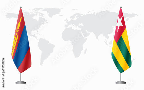 Mongolia and Togo flags for official meeting against background of world map.