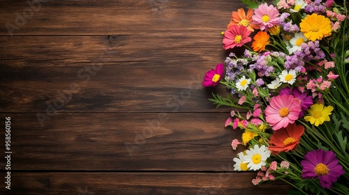 Assorted colorful wildflowers laid on rustic wood, vibrant hues contrasting the worn surface, perfect for seasonal themes, Natural lighting, Vintage, Warm tones.