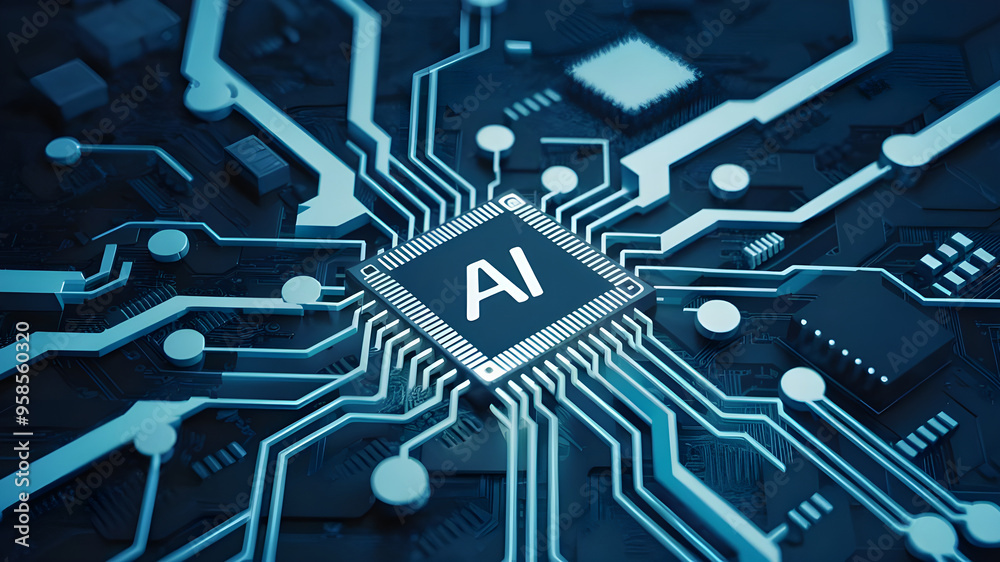 The Heart of Future Technologies Visualized Through a Circuit Board. Glowing blue ai chipset. AI chip on a circuit board. The Heart of Future Technologies Visualized Through a Circuit Board. Glowing blue ai chipset. AI chip on a circuit board.