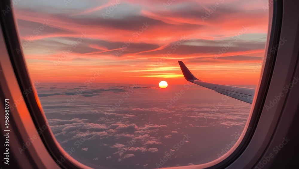 Obraz premium Airplane window view of a stunning sunset