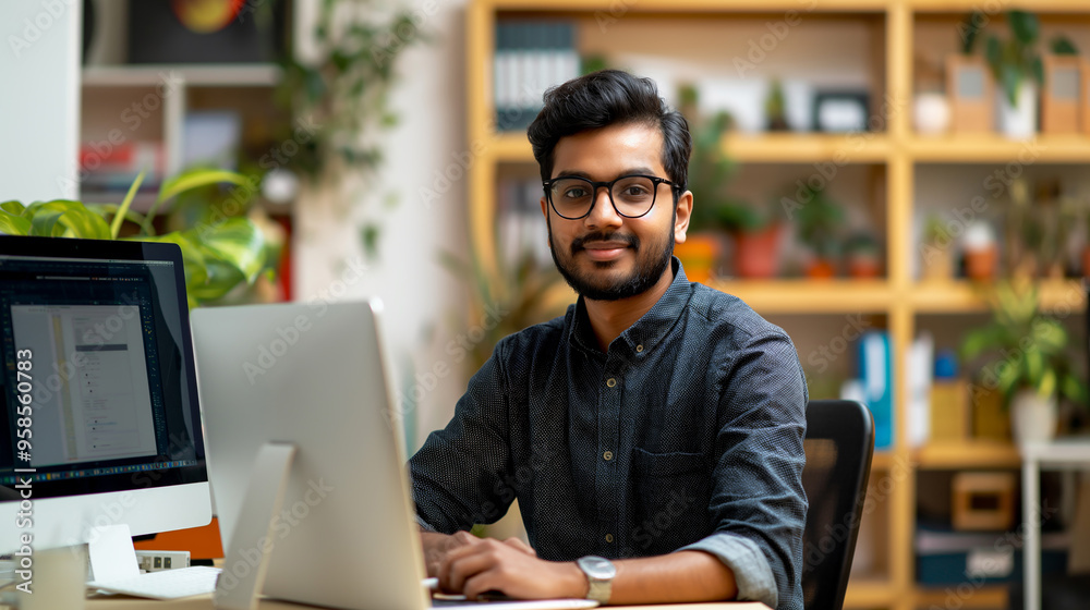 portrait of a male Indian graphic designer working in modern office, Indian tech worker in office portrait of a male Indian graphic designer working in modern office, Indian tech worker in office