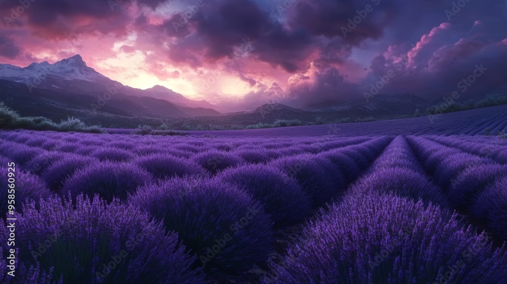 Lavender fields at dusk, with the sky transitioning to deep blues and purples, enhanced with a dreamy, surrealistic style, vivid colors, exaggerated lighting, creating a magical atmosphere. Lavender fields at dusk, with the sky transitioning to deep blues and purples, enhanced with a dreamy, surrealistic style, vivid colors, exaggerated lighting, creating a magical atmosphere.