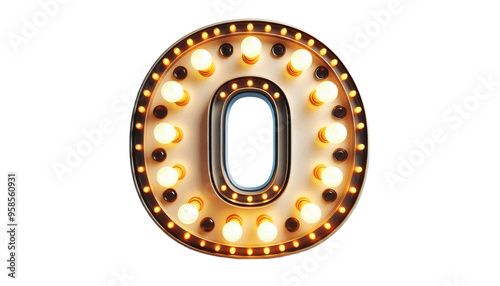 Vintage Steampunk Number '0' with Illuminated Incandescent Bulbs in Old American Road Sign Style on Transparent Background