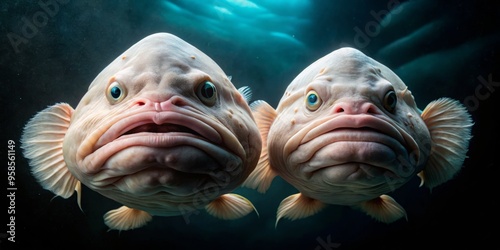 A peculiar pair of blobfish, with sagging faces and gelatinous bodies, swim side by side in the dark photo