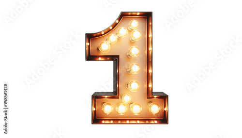 Vintage Steampunk Number '1' with Illuminated Incandescent Bulbs in Old American Road Sign Style on Transparent Background