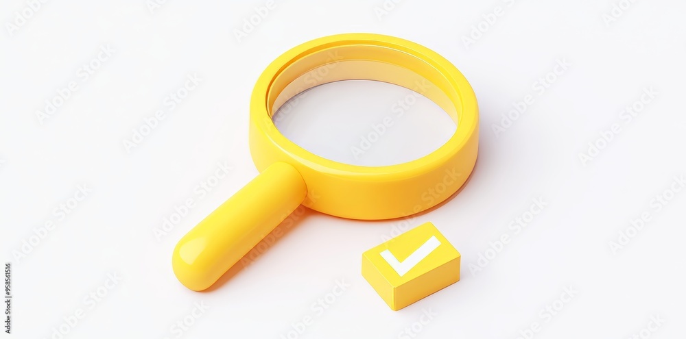 Isolated on white background, 3D magnifying glass with a check mark, representing quality control and analysis Isolated on white background, 3D magnifying glass with a check mark, representing quality control and analysis
