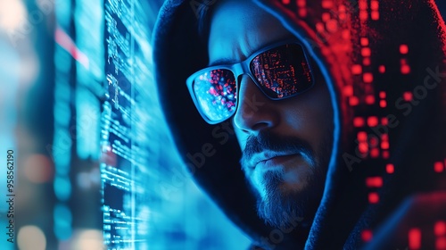 Wallpaper Mural A hooded man with sunglasses reflecting red and blue light is looking to the left, with blue code behind him. Torontodigital.ca