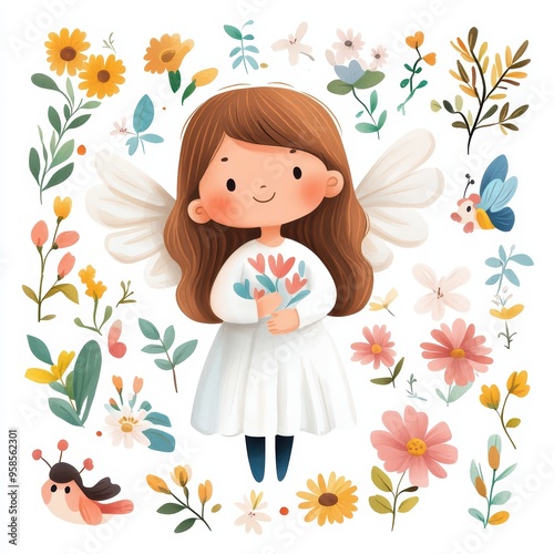 A whimsical illustration of a girl with wings holding flowers amidst a variety of colorful blooms and leaves.