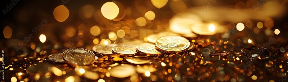A close-up of shimmering gold coins scattered across a glittering surface, symbolizing wealth and prosperity. A close-up of shimmering gold coins scattered across a glittering surface, symbolizing wealth and prosperity.