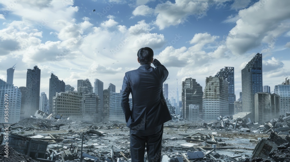 A rear-view photo of a businessman looking at the ruins of a city. A rear-view photo of a businessman looking at the ruins of a city.