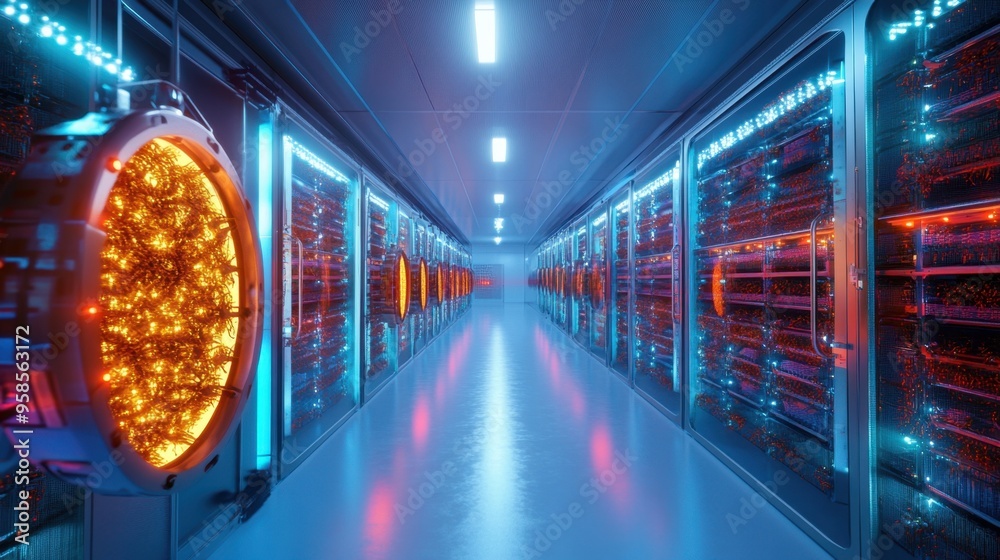 Fototapeta premium A massive vertical farm dedicated to producing insect-based feed for animals, illuminated by soft neon lights