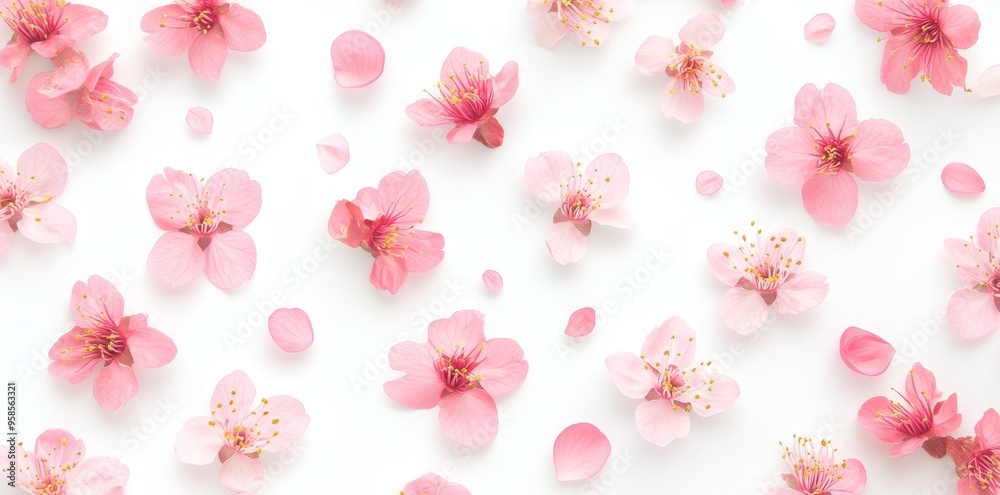 Icon representing spring and renewal in a minimalistic style, with pink cherry blossoms set against a white background and detailed yet simple bubbles. Icon representing spring and renewal in a minimalistic style, with pink cherry blossoms set against a white background and detailed yet simple bubbles.