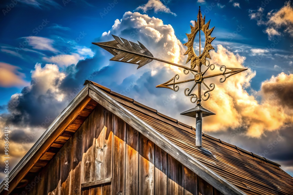 A rustic metal wind vane in the shape of an arrow, adorned with intricate designs, sits atop a A rustic metal wind vane in the shape of an arrow, adorned with intricate designs, sits atop a