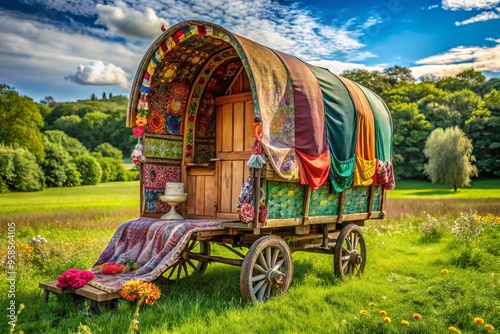 A rustic, colorful wagon adorned with vibrant fabrics and eclectic trinkets stands amidst a lush, green meadow, evoking