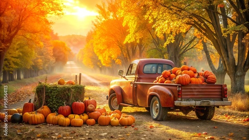 A rustic red pickup truck is filled to the brim with vibrant orange pumpkins, surrounded by autumnal foliage photo