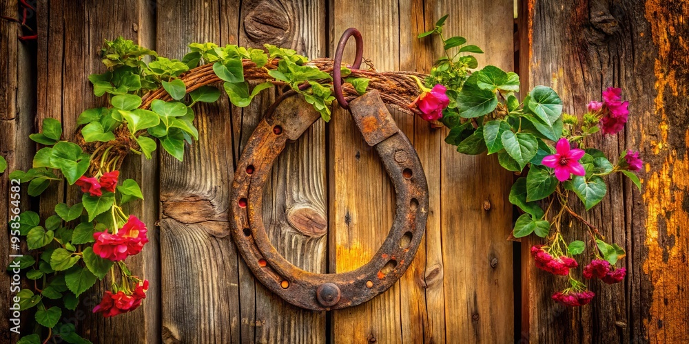 A rusty horseshoe hangs above a worn, wooden door, surrounded by vines and faded flowers, evoking a sense A rusty horseshoe hangs above a worn, wooden door, surrounded by vines and faded flowers, evoking a sense