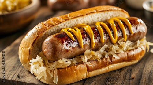 Juicy bratwurst sausages on a bun with sauerkraut, dripping with mustard, hearty and satisfying