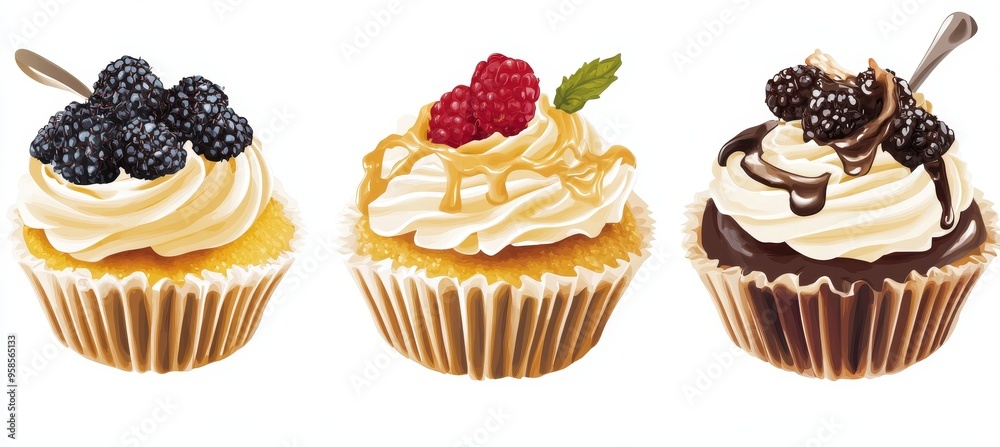 These tasty chocolate muffins are topped with sprinkles, hearts, and chocolate icing. 3D realistic modern dessert. These tasty chocolate muffins are topped with sprinkles, hearts, and chocolate icing. 3D realistic modern dessert.