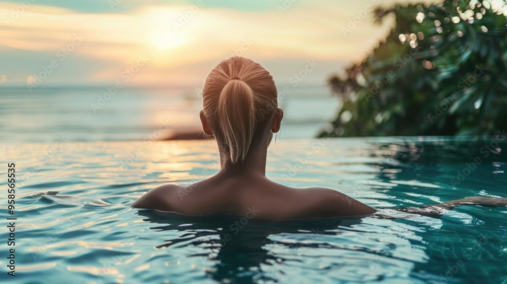 Woman relaxing in pool while gazing towards ocean Woman relaxing in pool while gazing towards ocean