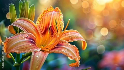 Elegant daylily in vibrant garden during golden hour with glistening dew droplets photo