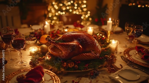 Festive Holiday Dinner Table with Roasted Turkey and Elegant Decorations