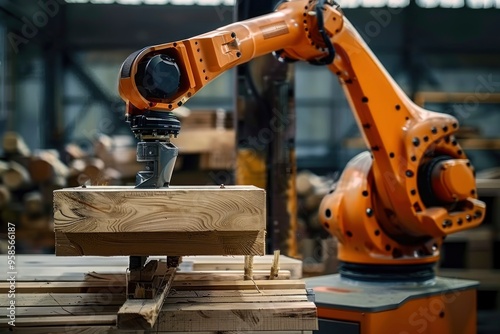 A close-up of an orange robotic arm lifting a piece of wood in a factory setting.