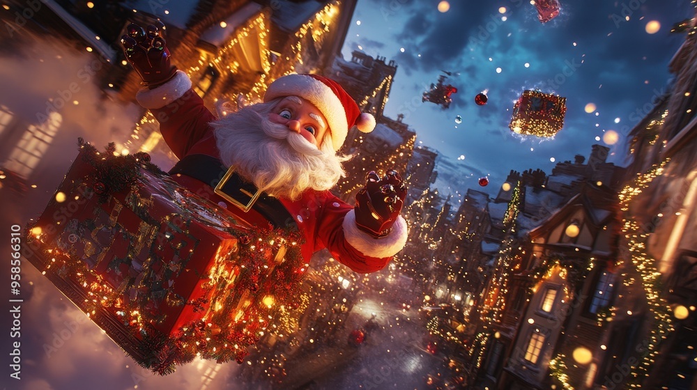 Santa Claus with Snowflakes in Magical Winter Scene