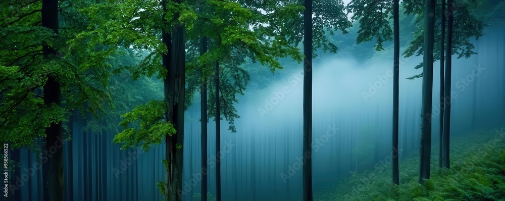 Fototapeta premium Morning mist rolling through a dense forest, foggy weather, mysterious ambiance