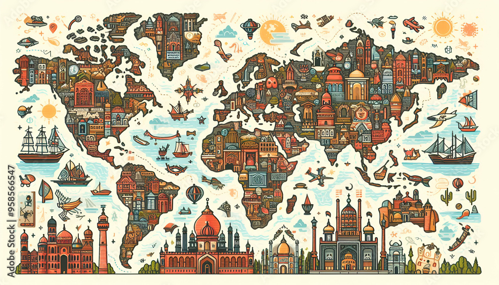 Naklejka premium Illustrated world map with landmarks and cultural icons, Generated Ai