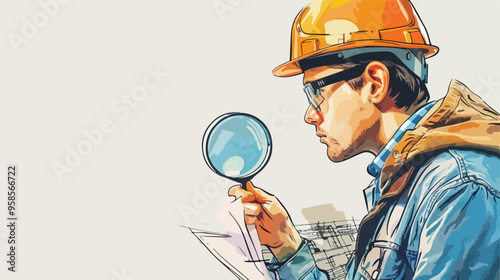 Young Engineer Inspecting Sketch with Magnifier