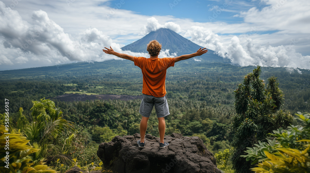 Strong and confident man standing on to a mountain. Fit active lifestyle concept. Positive man celebrating on mountain top, with arms raised up, Goal, successful, achievement. Strong and confident man Strong and confident man standing on to a mountain. Fit active lifestyle concept. Positive man celebrating on mountain top, with arms raised up, Goal, successful, achievement. Strong and confident man