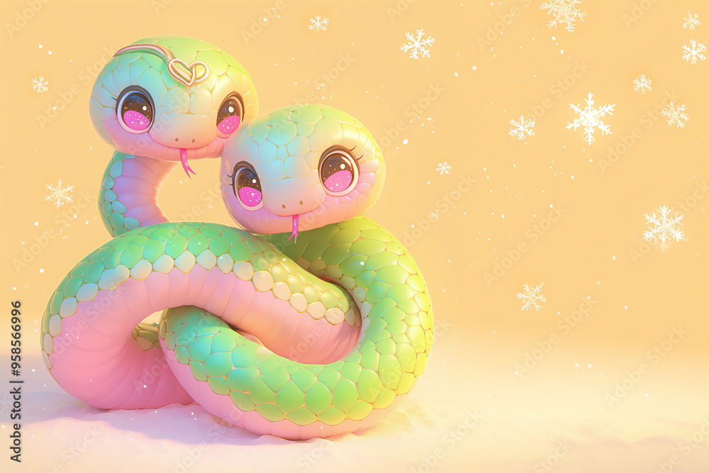 Fototapeta premium 2025 Two cartoon snakes are sitting next to each other on a yellow background. The snakes are green and pink, and they appear to be hugging each other. The image has a playful and friendly mood