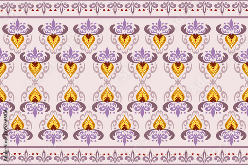 Geometric seamless fabric pattern, European native damask pattern, orange, brown flowers, soft background, illustration, vector, wallpaper border