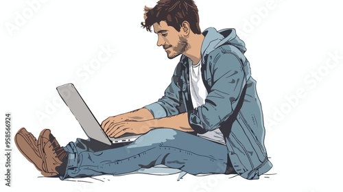 Young Man in Casual Chatting Using Laptop Handdrawn