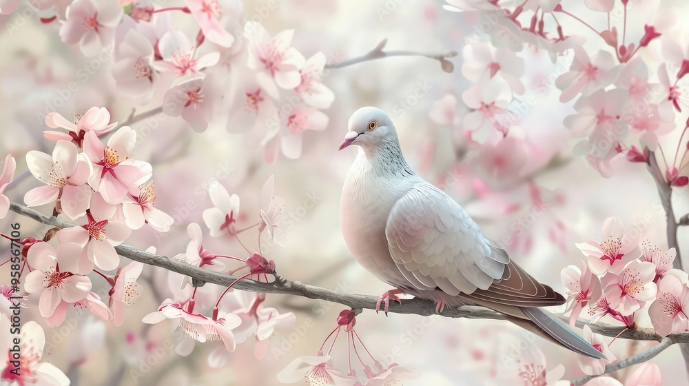 A serene painting of a dove perched on a branch of cherry blossoms. A serene painting of a dove perched on a branch of cherry blossoms.